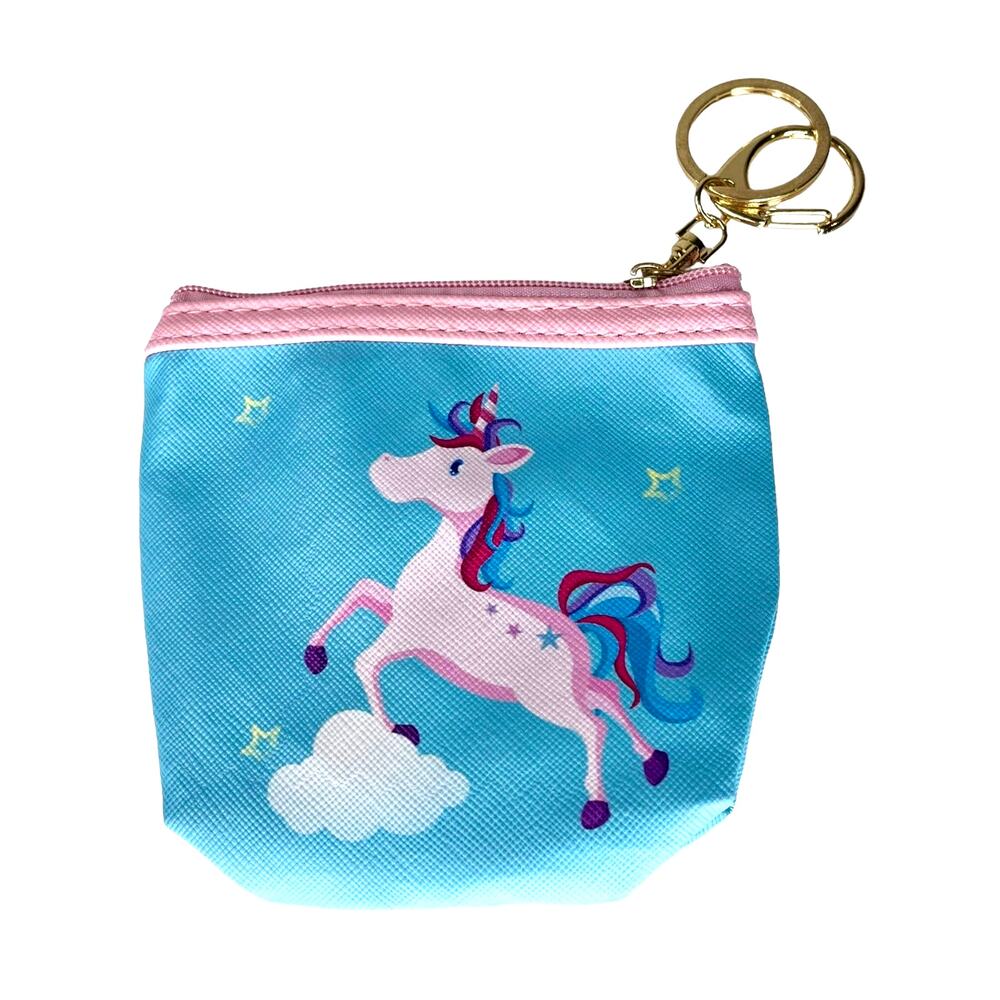 Girls Unicorn Coin Purch Charm Key Ring White Horse Blue Zip Bag Pouch Keychain - Picture 1 of 5